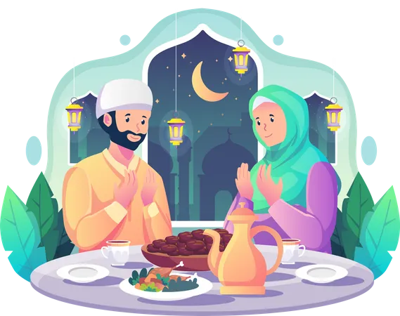 Pareja Musulmana Rezando Antes De Recibir Iftar Despues De Ayunar Durante El Ramadan Kareem Mubarak Comida Y Datiles En La Mesa Ilustracion De Vector De Estilo Plano Ilustración
