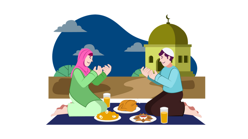 Pareja musulmana rezando antes de tener iftar  Ilustración