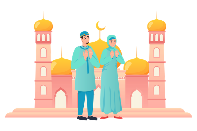 Pareja musulmana rezando en una mezquita  Ilustración