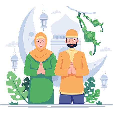 Saludo de pareja musulmana para Eid  Ilustración