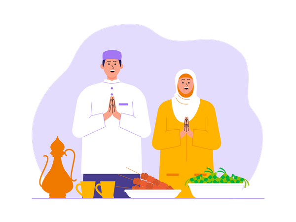 Pareja musulmana teniendo iftar  Ilustración