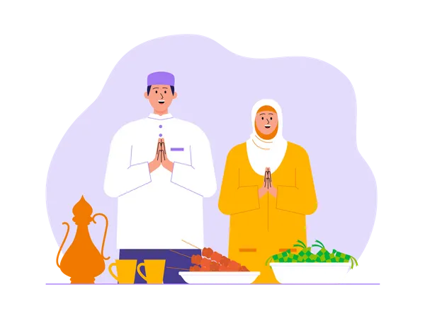 Pareja musulmana teniendo iftar  Ilustración