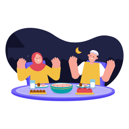 Pareja musulmana tomando comida Iftar  Ilustración