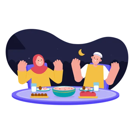 Pareja musulmana tomando comida Iftar  Ilustración