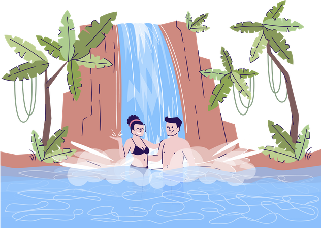 Pareja nadando bajo la cascada  Ilustración