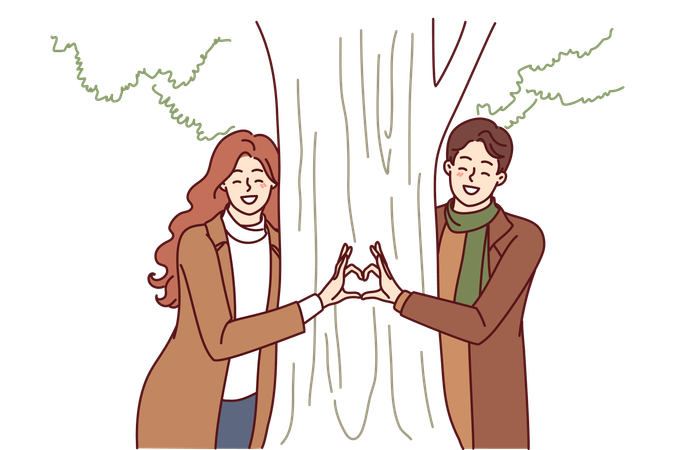 Una pareja se para cerca de un árbol haciendo un corazón con los dedos como señal de amor por su pareja  Ilustración