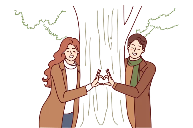Una pareja se para cerca de un árbol haciendo un corazón con los dedos como señal de amor por su pareja  Ilustración