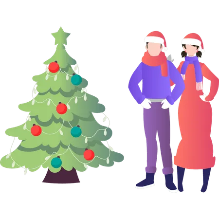 La pareja se encuentra cerca del árbol de Navidad.  Ilustración