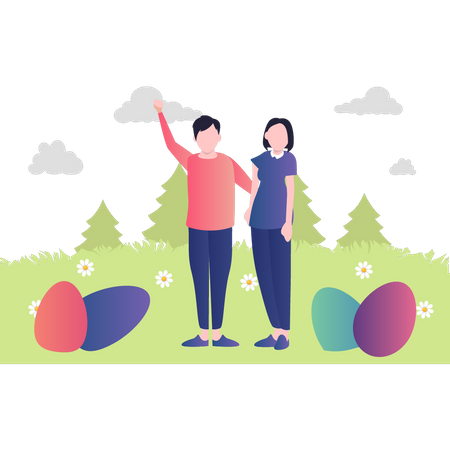 Pareja parada en el parque con huevos de Pascua  Ilustración