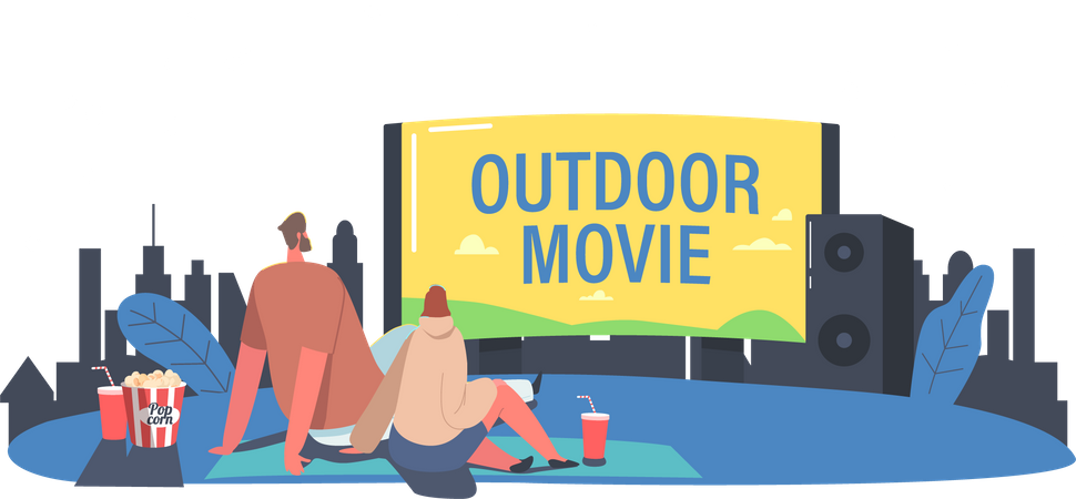 Una pareja pasa la noche en un cine al aire libre viendo una película  Ilustración