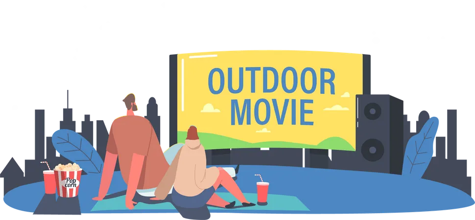 Una pareja pasa la noche en un cine al aire libre viendo una película  Ilustración