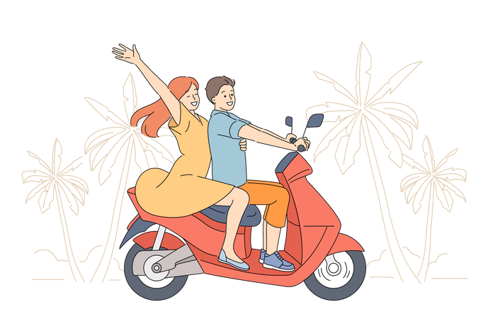 Una pareja pasea en scooter por la carretera de un complejo turístico tropical  Ilustración