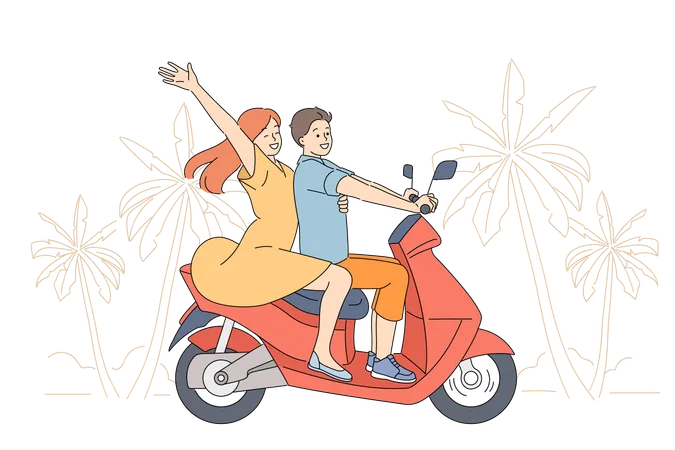 Una pareja pasea en scooter por la carretera de un complejo turístico tropical  Ilustración