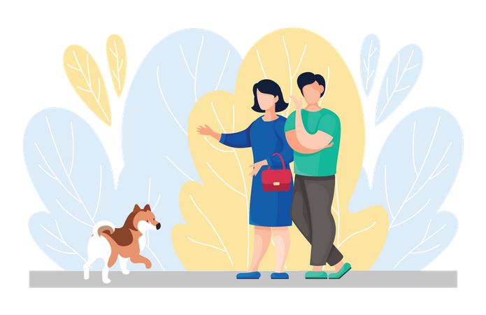 Pareja paseando con perro  Illustration