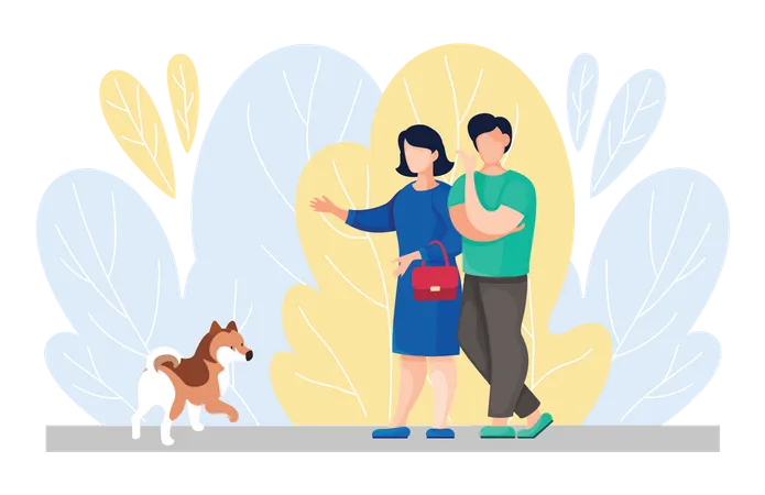 Pareja paseando con perro  Illustration