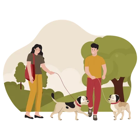 Pareja caminando con perro mascota en el parque  Ilustración