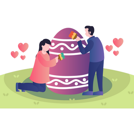 Pareja pintando huevos de pascua  Ilustración