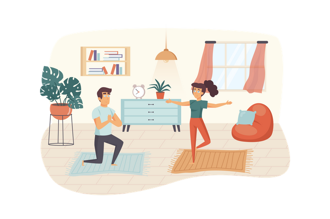 Pareja practicando yoga en la habitación  Ilustración