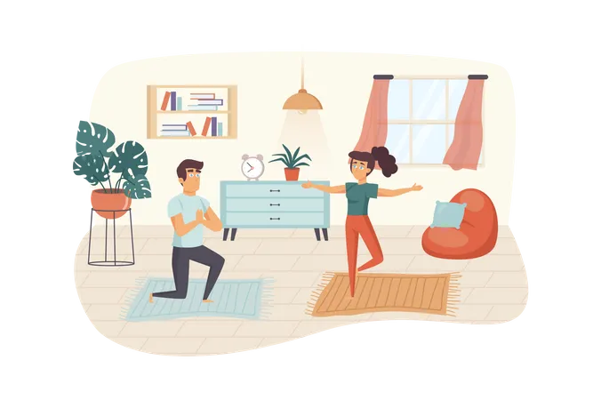 Pareja practicando yoga en la habitación  Ilustración