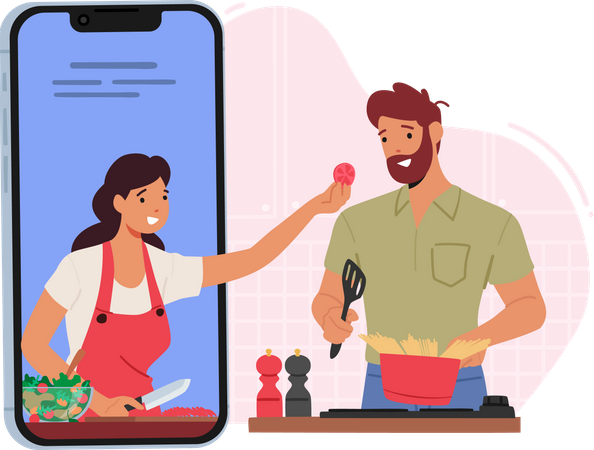 Pareja preparando comida juntos en línea  Ilustración
