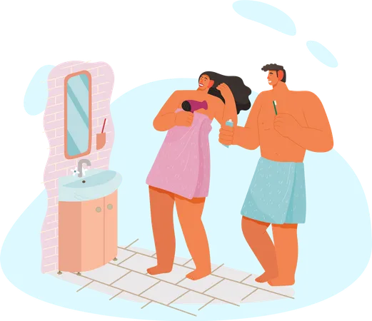 Pareja preparándose juntos en el baño  Ilustración