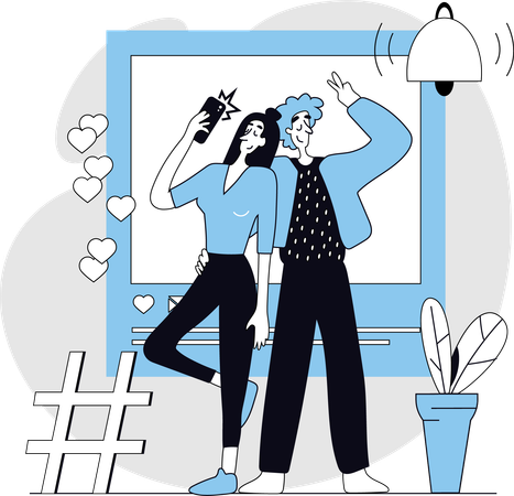 Pareja publica imagen en redes sociales  Ilustración