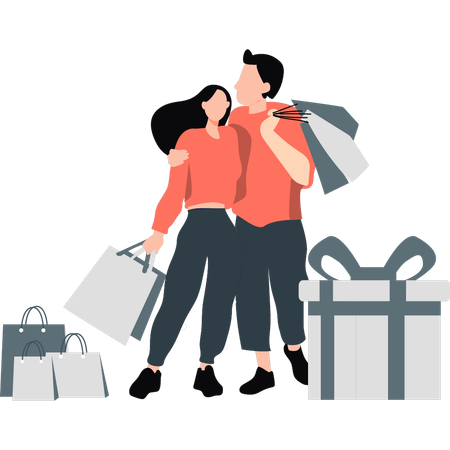 Una pareja procedente de compras mientras sostiene bolsas de compras  Ilustración