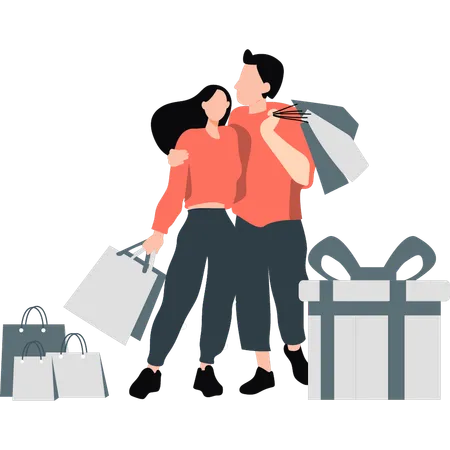 Una pareja procedente de compras mientras sostiene bolsas de compras  Ilustración
