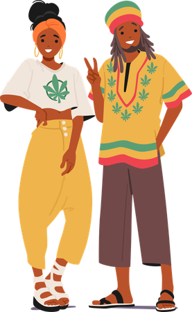 Pareja de reggae rasta de pie en pose  Ilustración