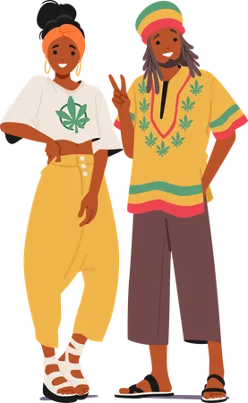 Pareja de reggae rasta de pie en pose  Ilustración