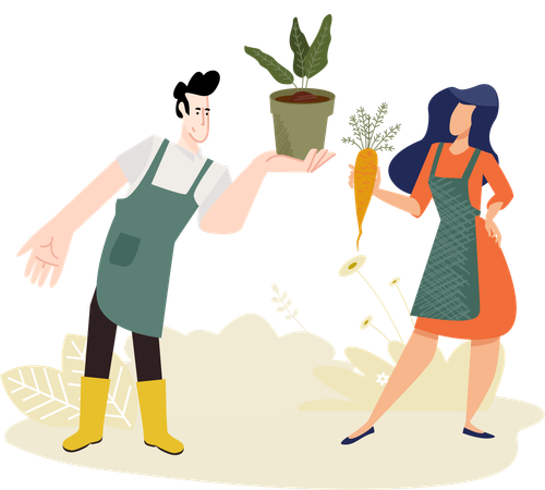 Una pareja recoge verduras recién cultivadas del jardín  Ilustración