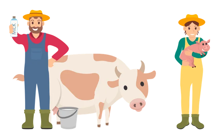 Granjero Con Vector De Cerdo Y Vaca Iconos Aislados Con Granjeros Y Mamiferos Que Ofrecen Carne De Cerdo Y Bebidas Lacteas Criadores De Personas Que Cuidan Animales Ilustración