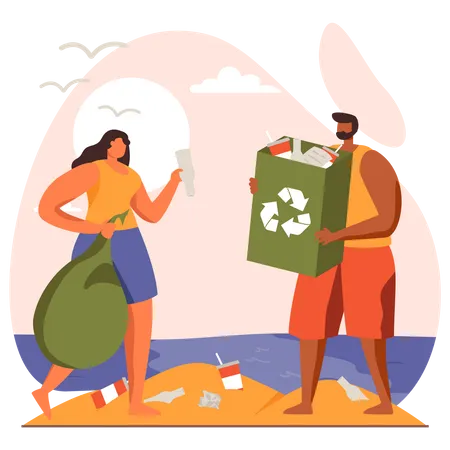 Pareja recogiendo residuos de la playa  Ilustración