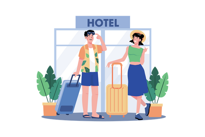 Una pareja reserva una habitación de hotel para sus vacaciones  Ilustración