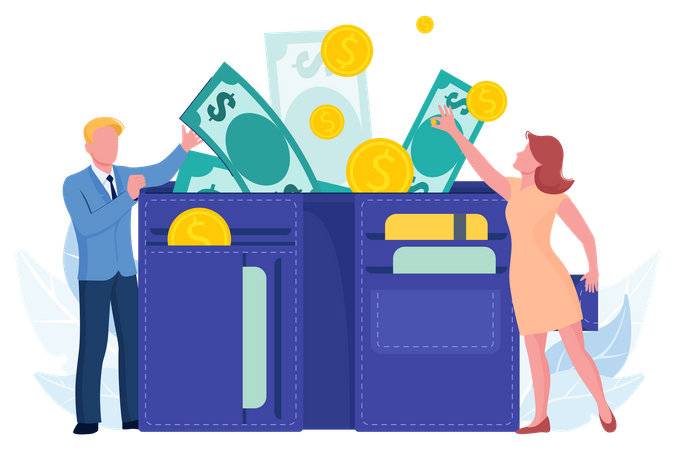 Pareja rica usando billetera con forma de dinero  Ilustración