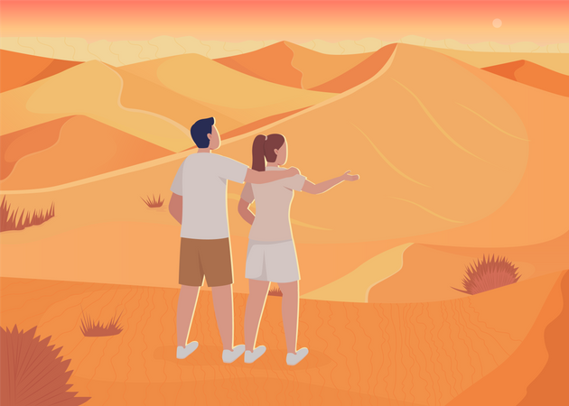 Pareja rodeada de dunas de arena.  Ilustración