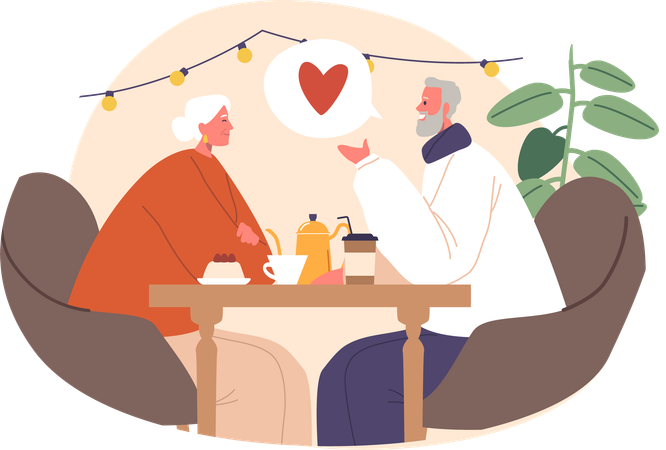 Una pareja romántica de ancianos se sienta en un acogedor café tomados de la mano  Ilustración