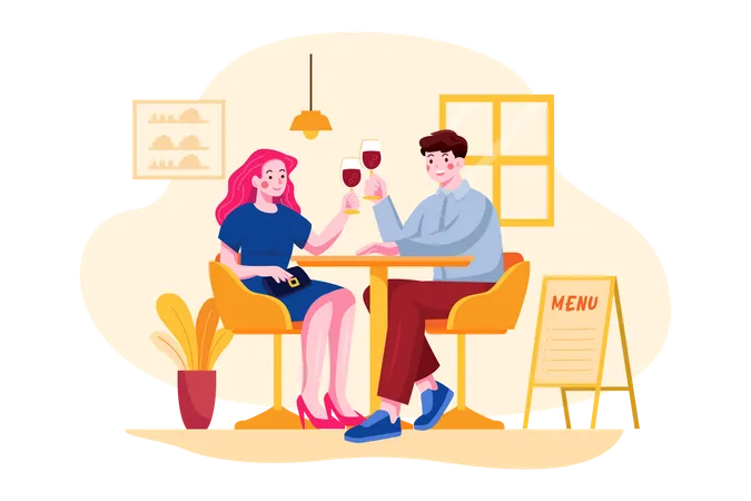 Pareja romántica disfrutando del vino juntos  Ilustración