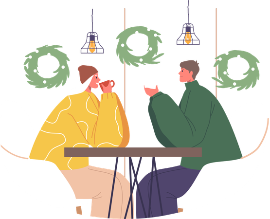 Pareja Romántica En Un Acogedor Café De Navidad.  Ilustración