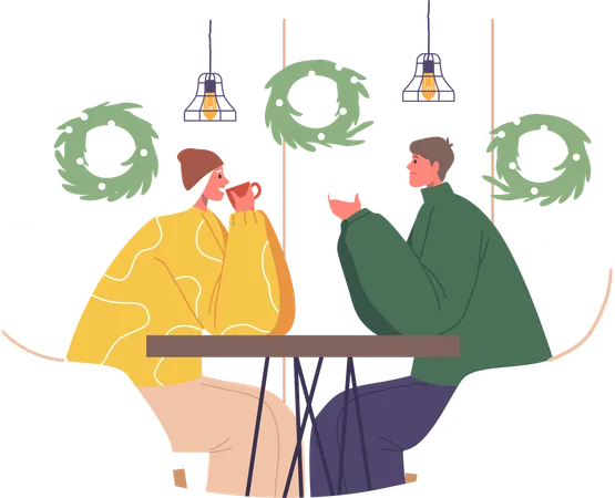 Pareja Romántica En Un Acogedor Café De Navidad.  Ilustración