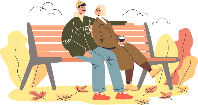Una pareja romántica en una cita se sienta en un banco en el parque de otoño  Ilustración
