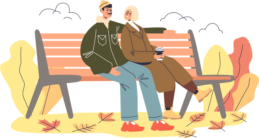 Una pareja romántica en una cita se sienta en un banco en el parque de otoño  Ilustración