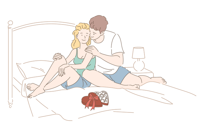 Pareja romántica en la cama  Ilustración