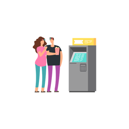 Pareja saca billete online  Ilustración