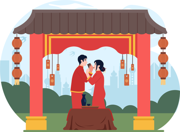 Una pareja se siente romántica en el Año Nuevo chino  Ilustración