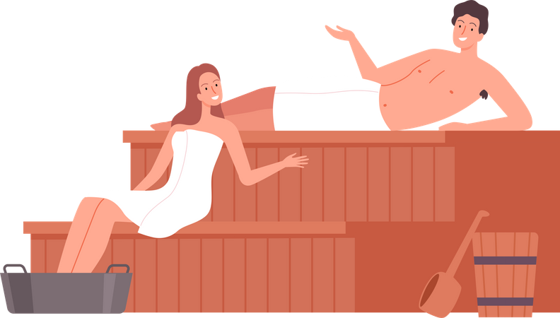 Pareja sentada dentro de la sauna y hablando  Ilustración