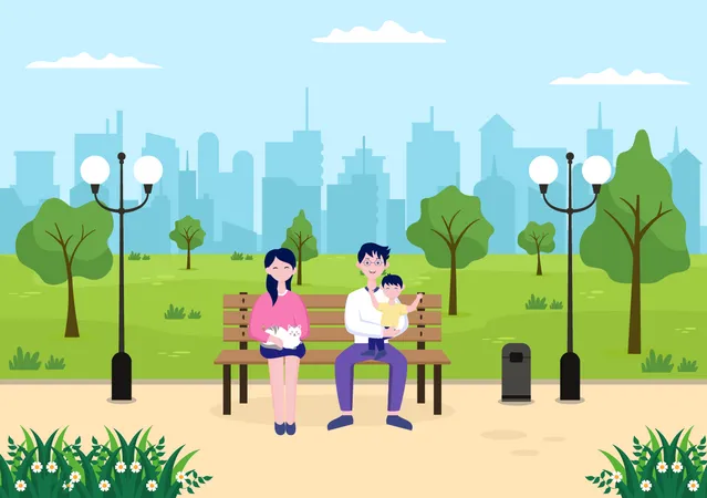 Pareja sentada en el parque de la ciudad  Ilustración