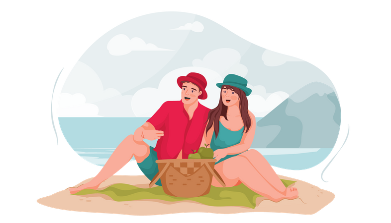 Pareja sentada en la playa  Ilustración