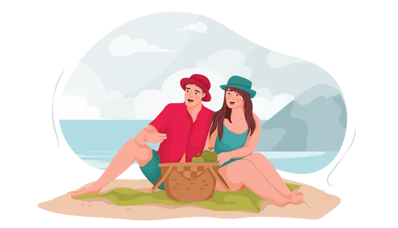 Pareja sentada en la playa  Ilustración