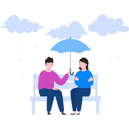 Pareja sentada en un banco con paraguas bajo la lluvia  Ilustración